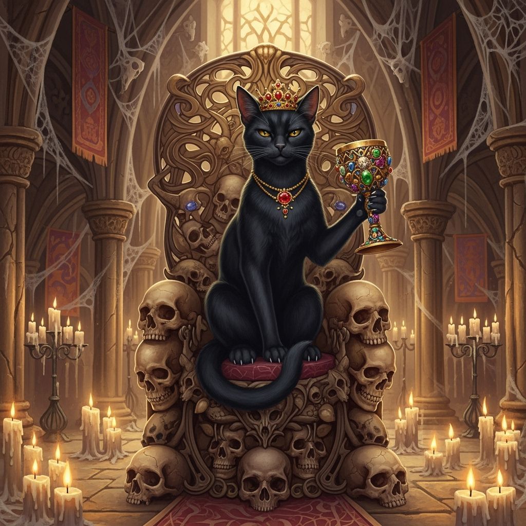 Regal Black Cat in Crypt, Fantasy Art