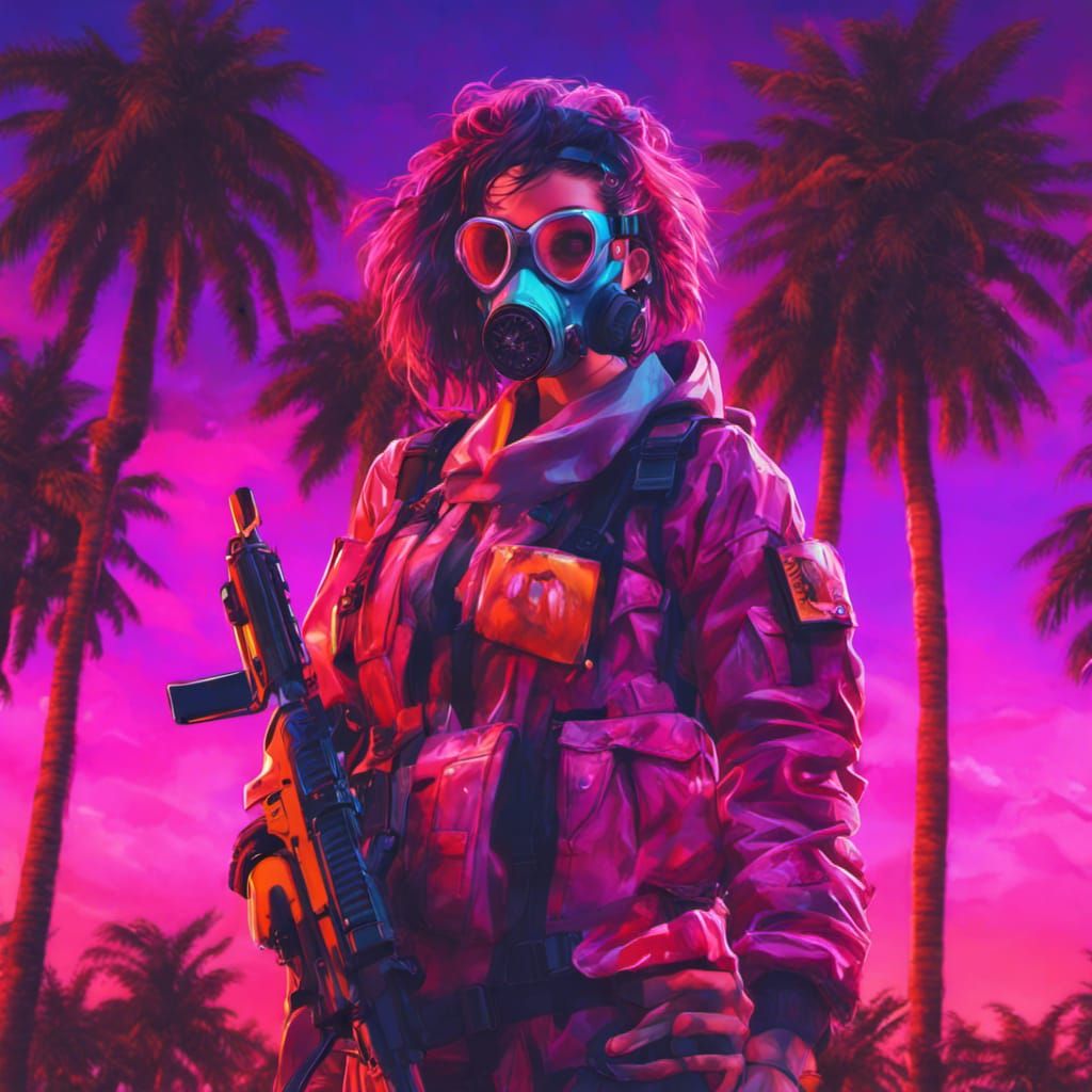 Cyberpunk Anime Girl with Gas Mask and Gun