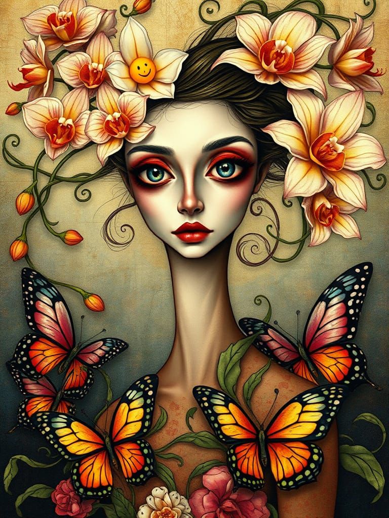 Surreal Floral Art Nouveau Portrait with Distorted Facial Fe...