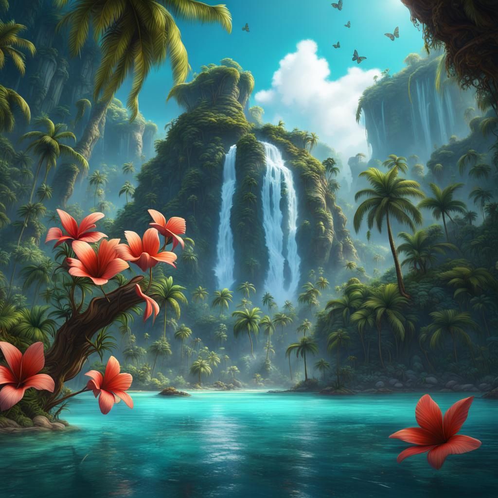 Tropical Island Paradise with Giant Butterflies