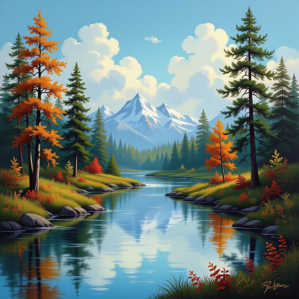 Serene River Through Majestic Forest In Bob Ross Style