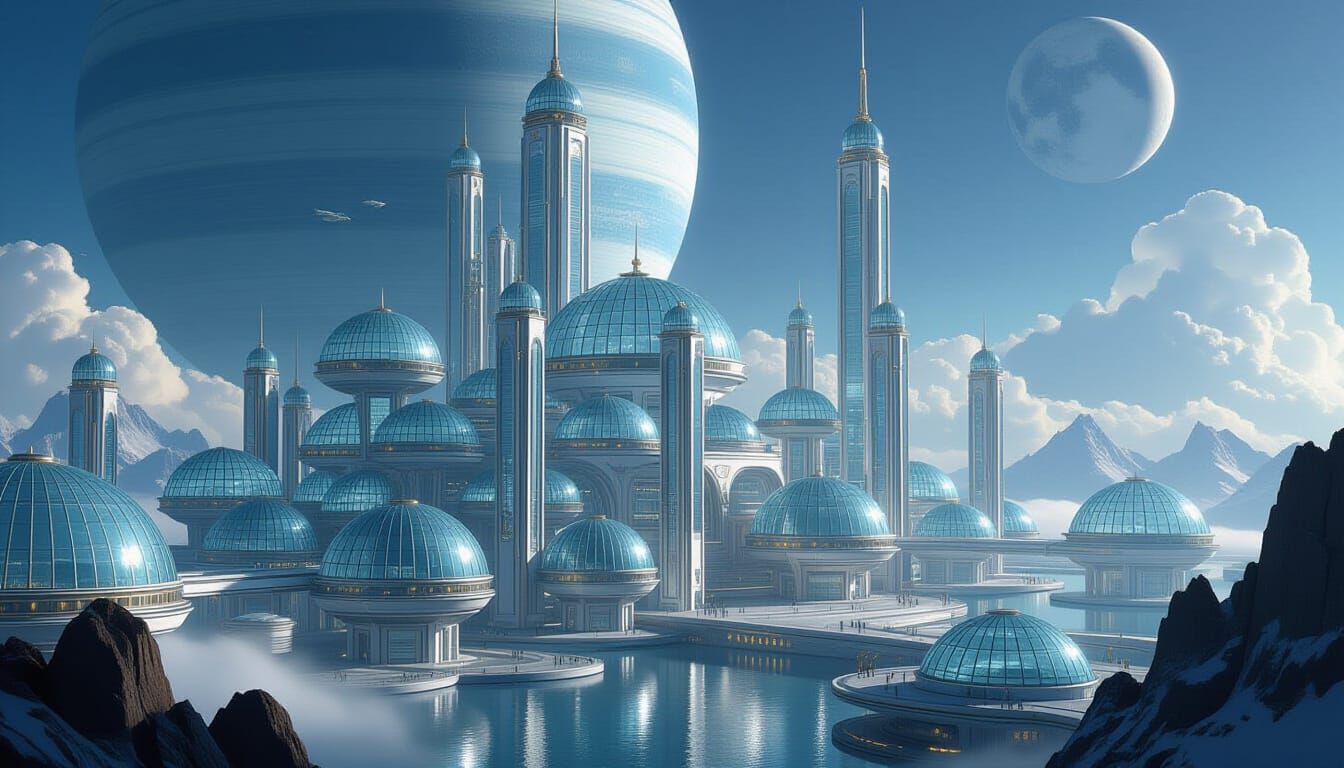 Futuristic Moon Colony on Blue Gas Giant