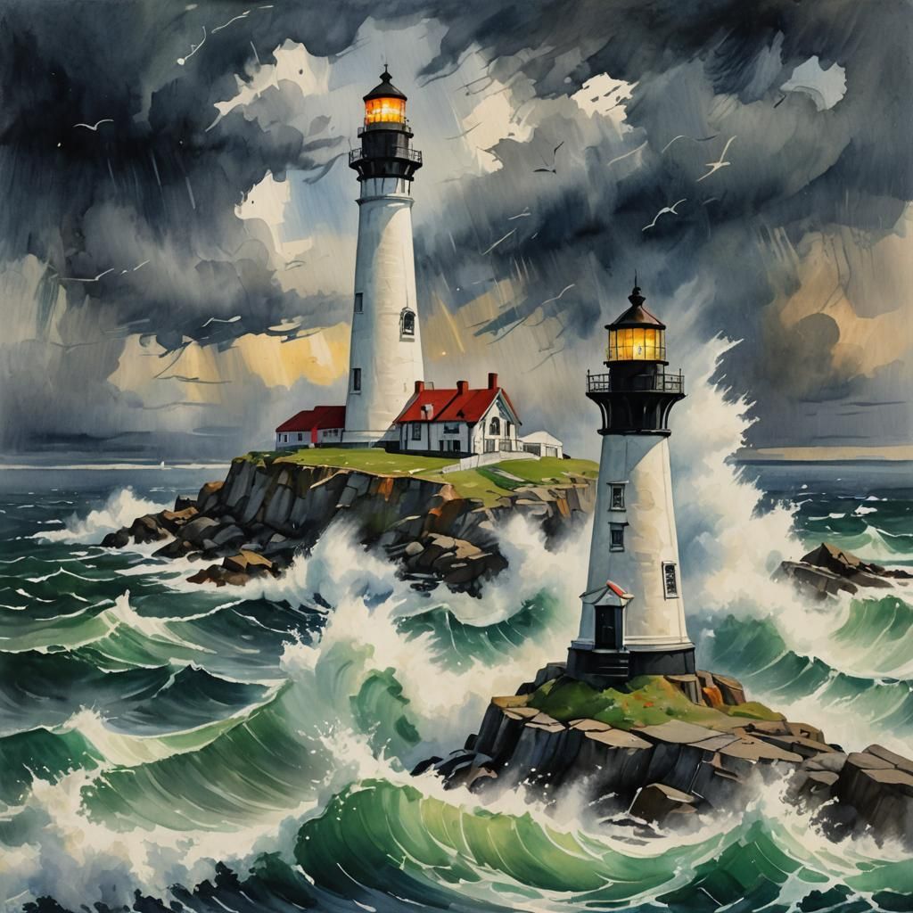 Tempestuous Boston Lighthouse: Gouache Impressionist Paintin...