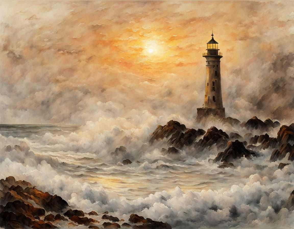 Lighthouse Painting in Style of Romantic Landscape Art