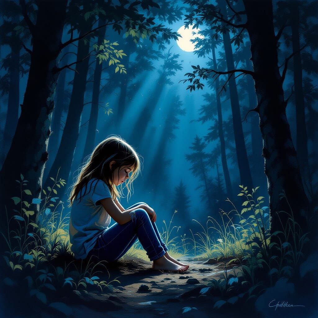 Melancholy Girl Crying in Moonlit Forest