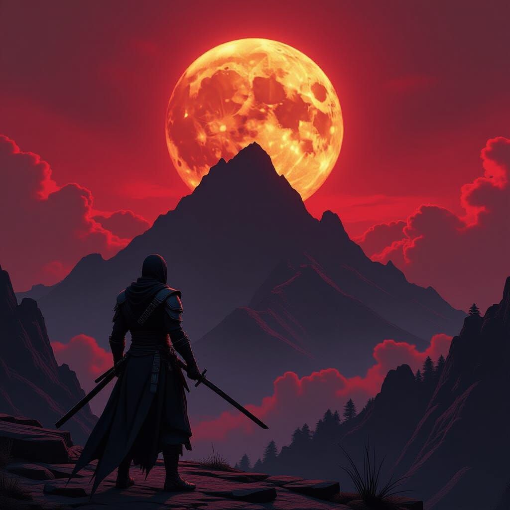 Ninja and Blood Moon in Dark Fantasy Style