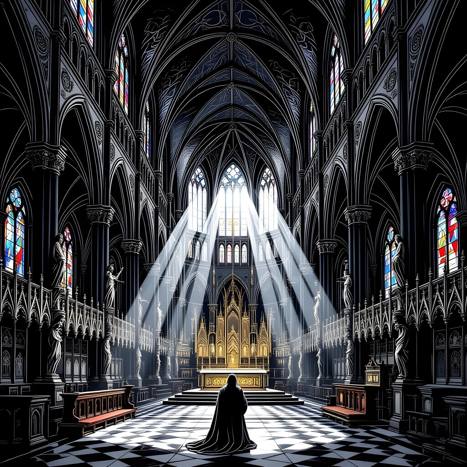 Gothic Cathedral Interior in Detailed Ink Illustration