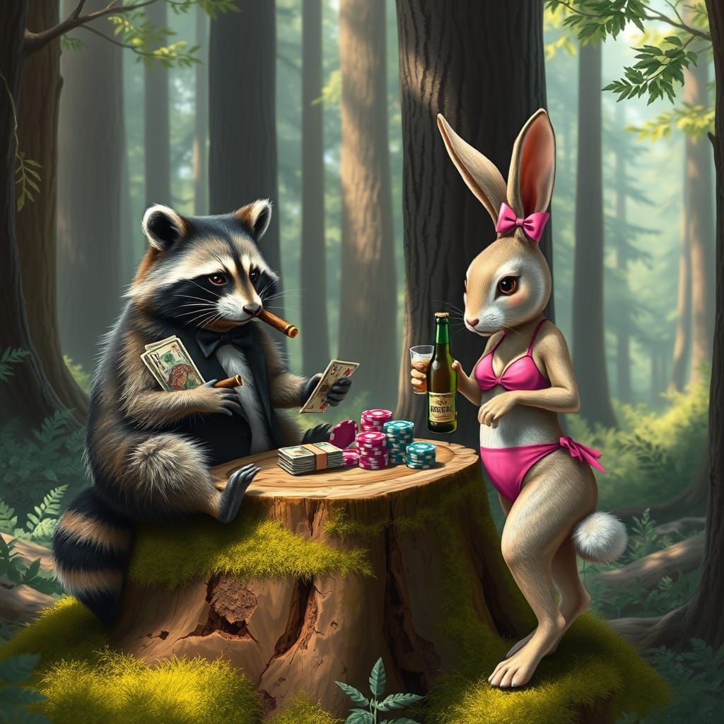 Woodland Poker Game in Whimsical Forest Setting