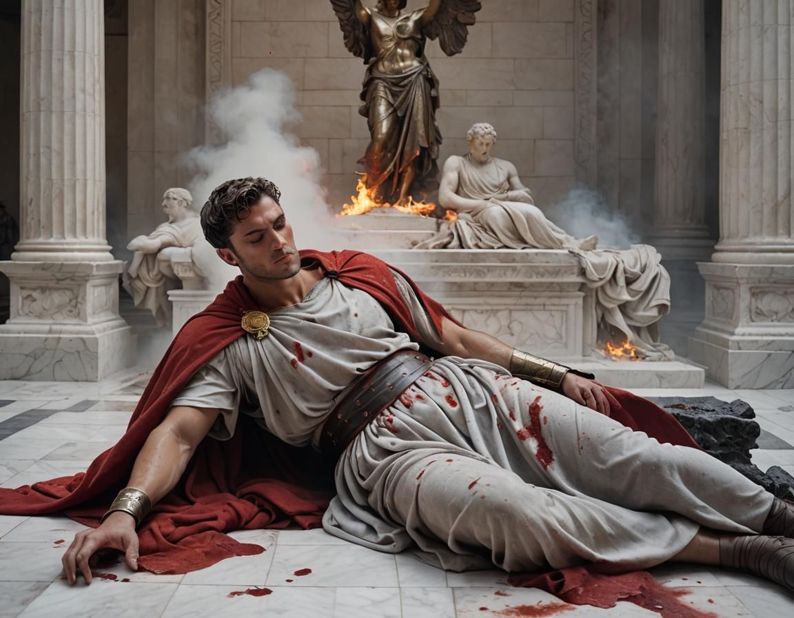 Fallen Roman Soldier in Burning Building