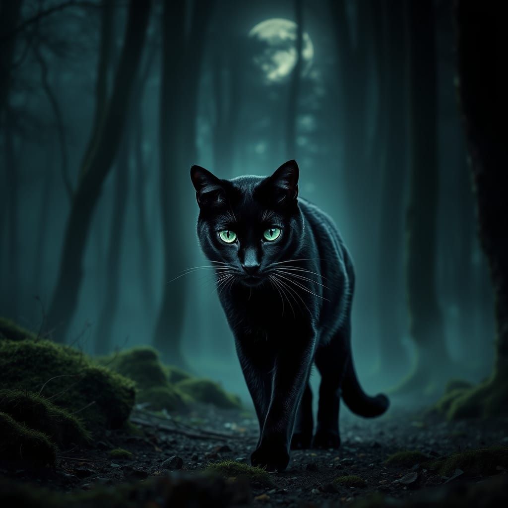 Ethereal Black Cat Strolls Under Full Moon