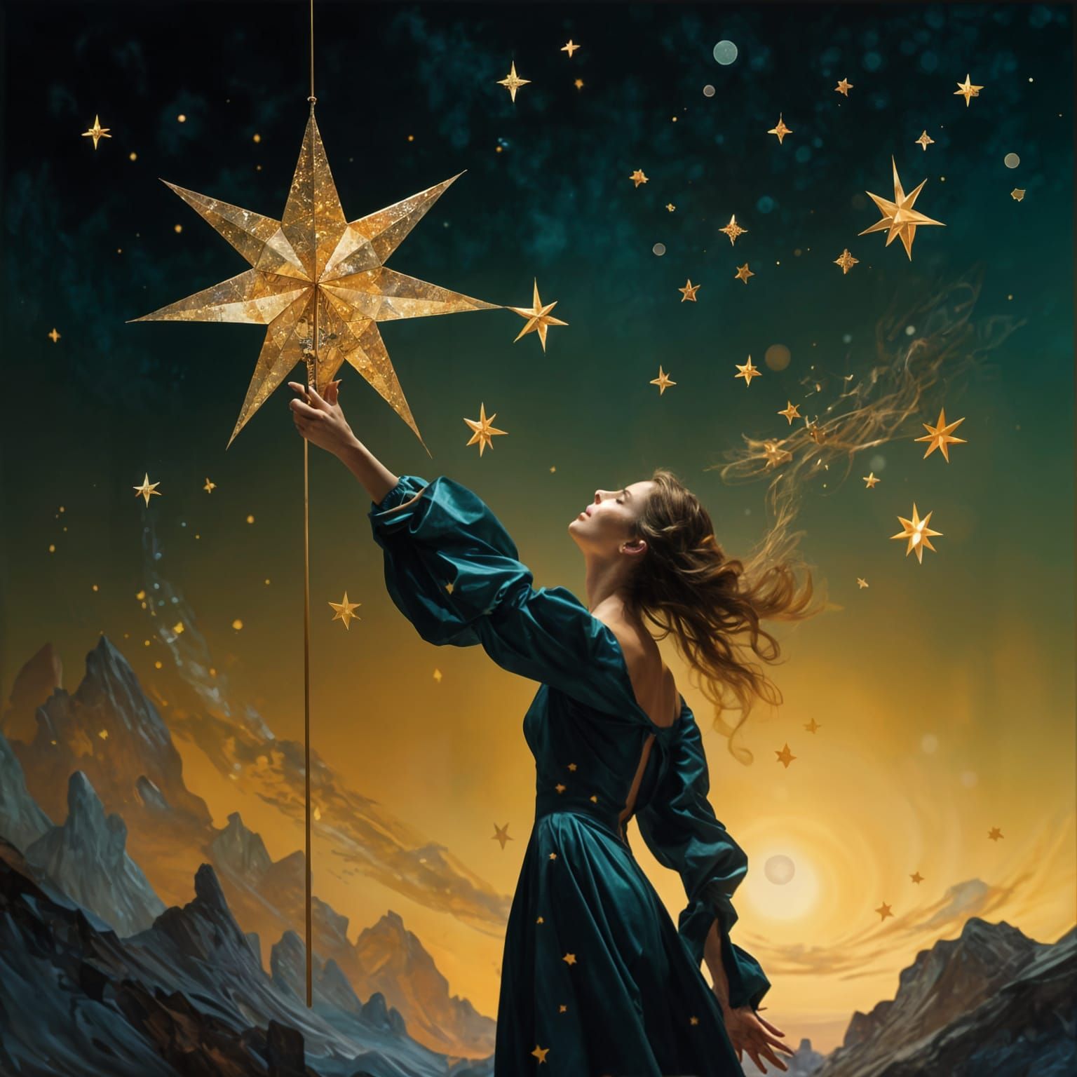 Woman Reaching for a Star in Art Nouveau Style