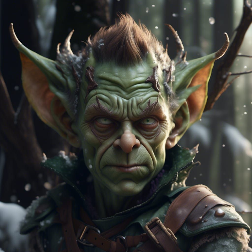 Hyperrealistic Goblin Warrior in Snowy Forest