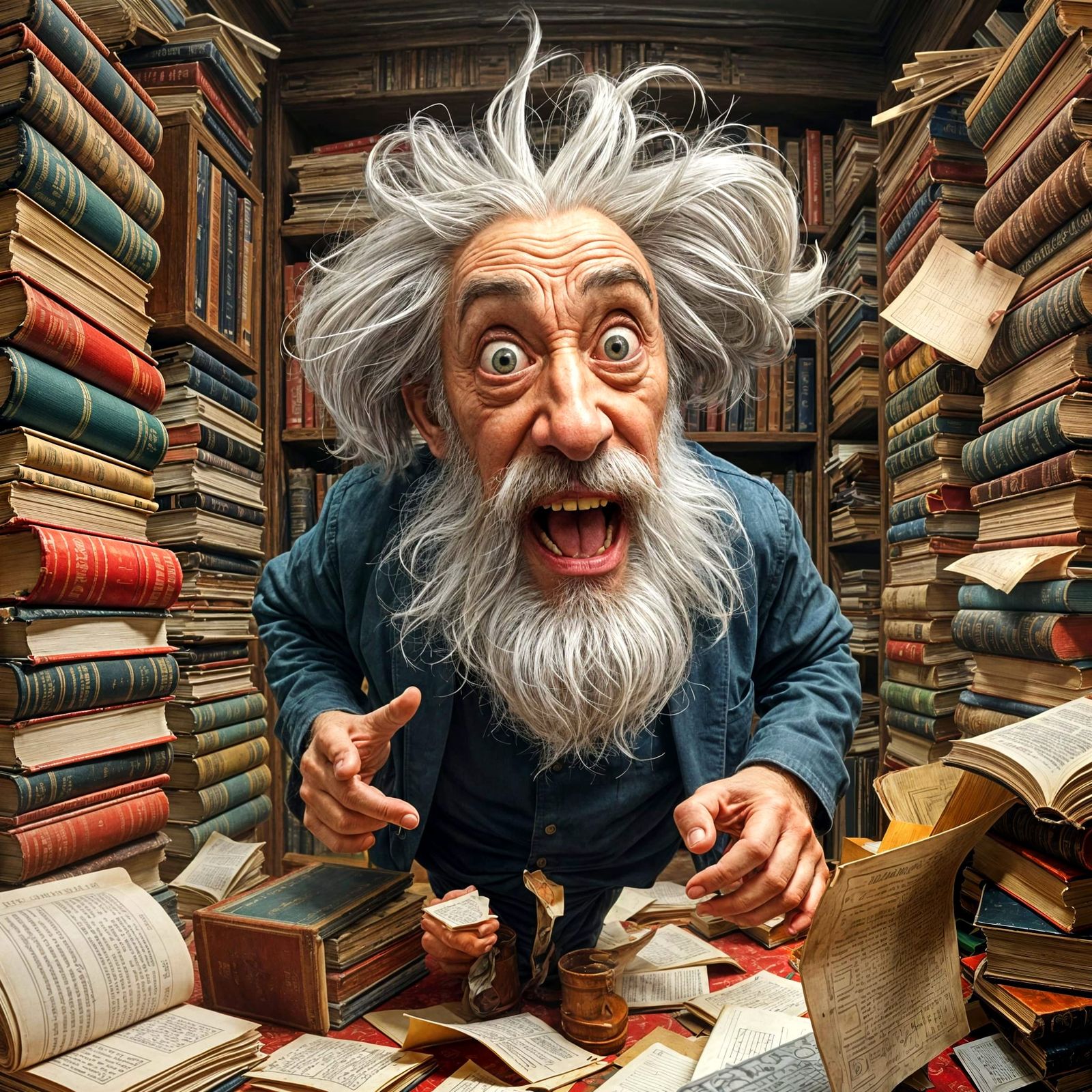Wild Old Scholar Searches Study in a Flurry