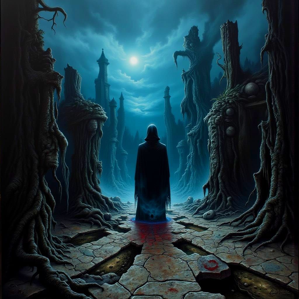 Mysterious Cloaked Figure in Ancient Tomb Baroque Style