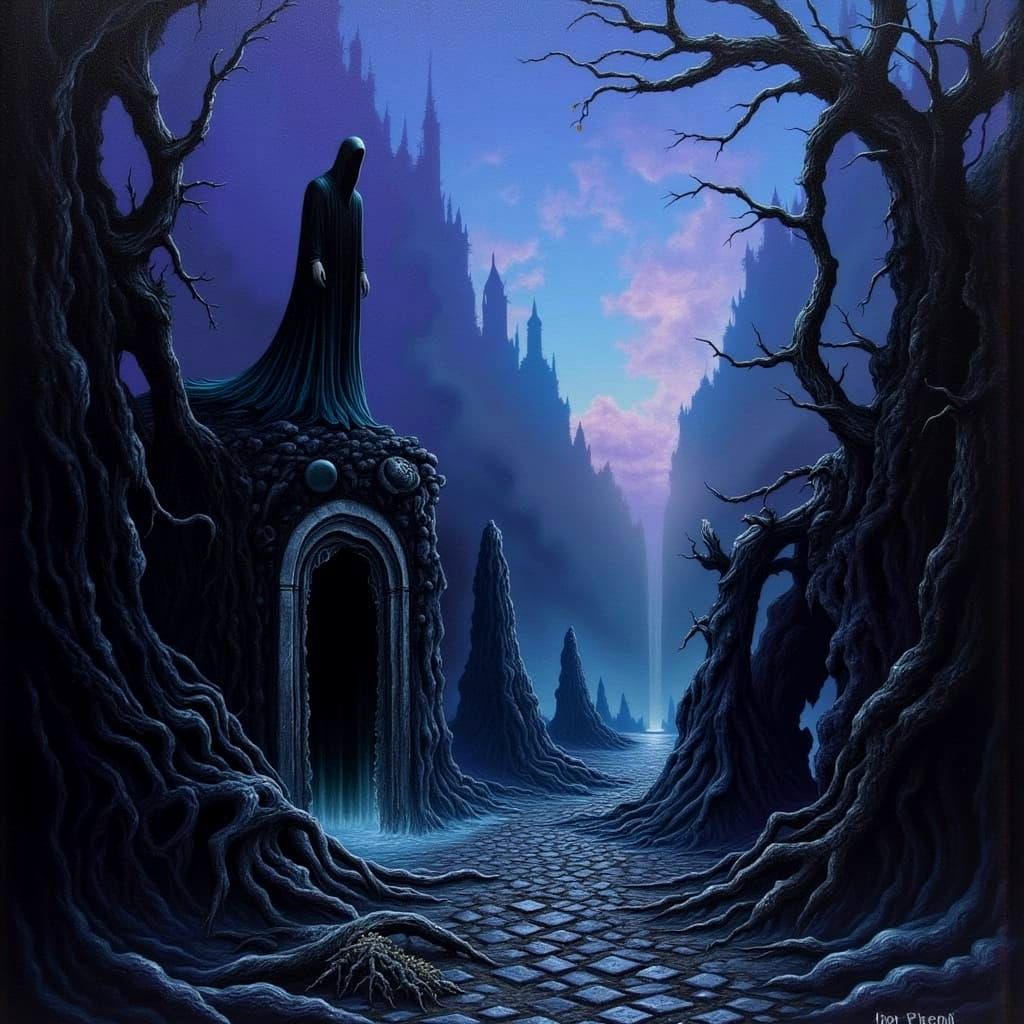 Cloaked Figure at Ancient Tomb in Baroque Style