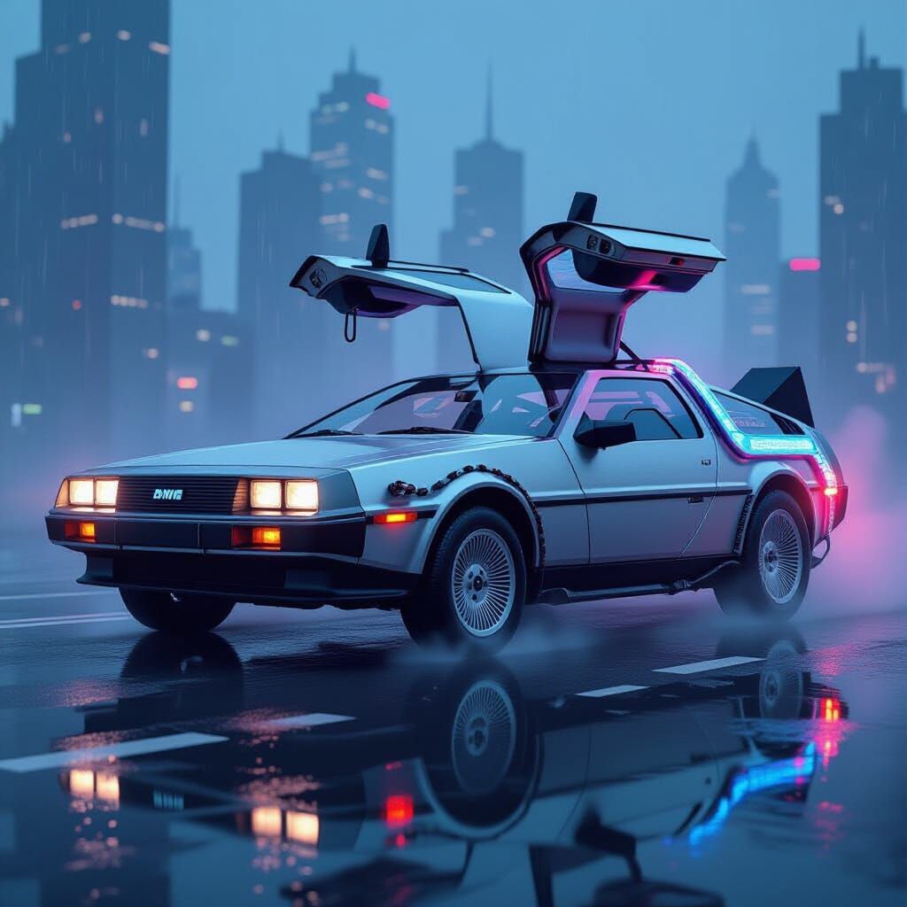 Futuristic DeLorean Time Machine in Dystopian Cityscape