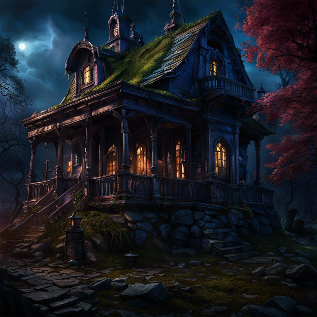 Haunted Decaying Mansion with Indigo Spirits