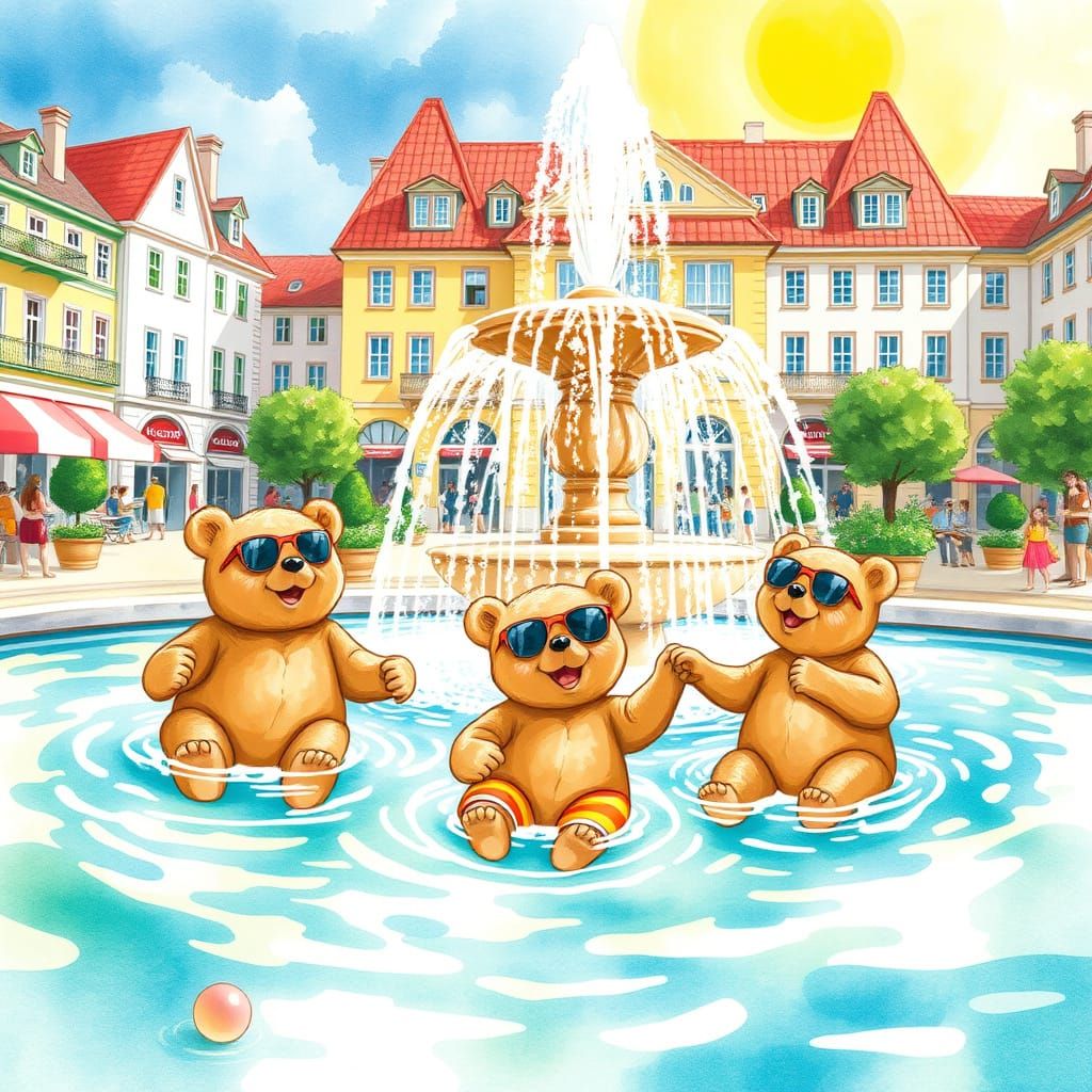 Bears in Shorts Swimming in Fountain, Watercolor Style