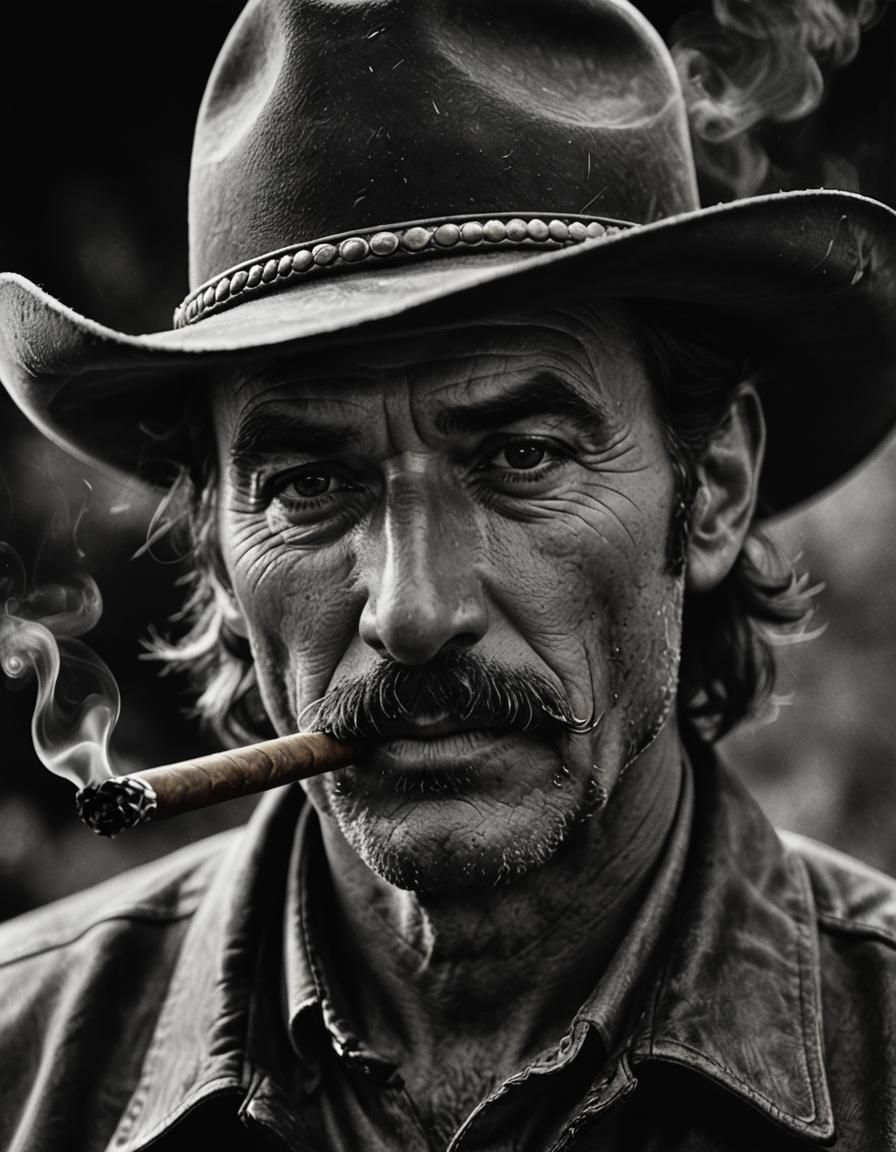 Cowboy Moustache Smoking Cigar in Charcoal Style