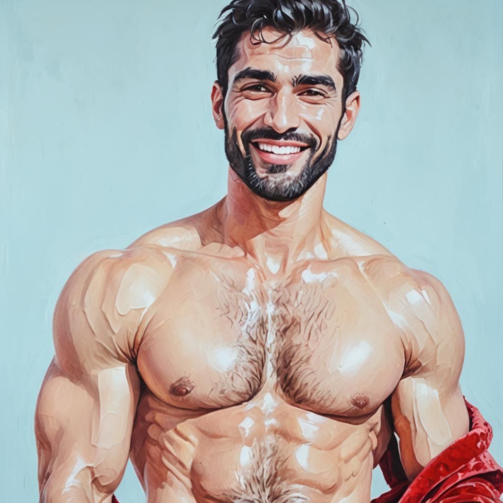 Handsome Man in Red Velvet Bathrobe, Impasto Oil