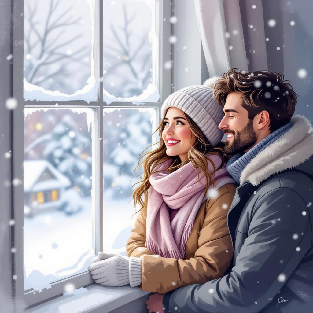 Cozy Winter Scene: Woman and Loved One by Snow-Covered Windo...
