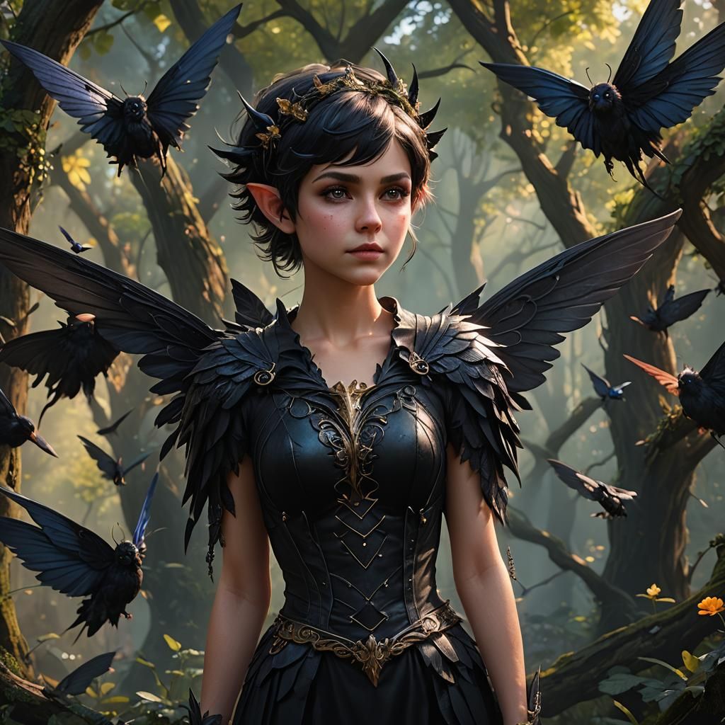 Pixie with Black Wings: Hyperrealistic Digital Portrait