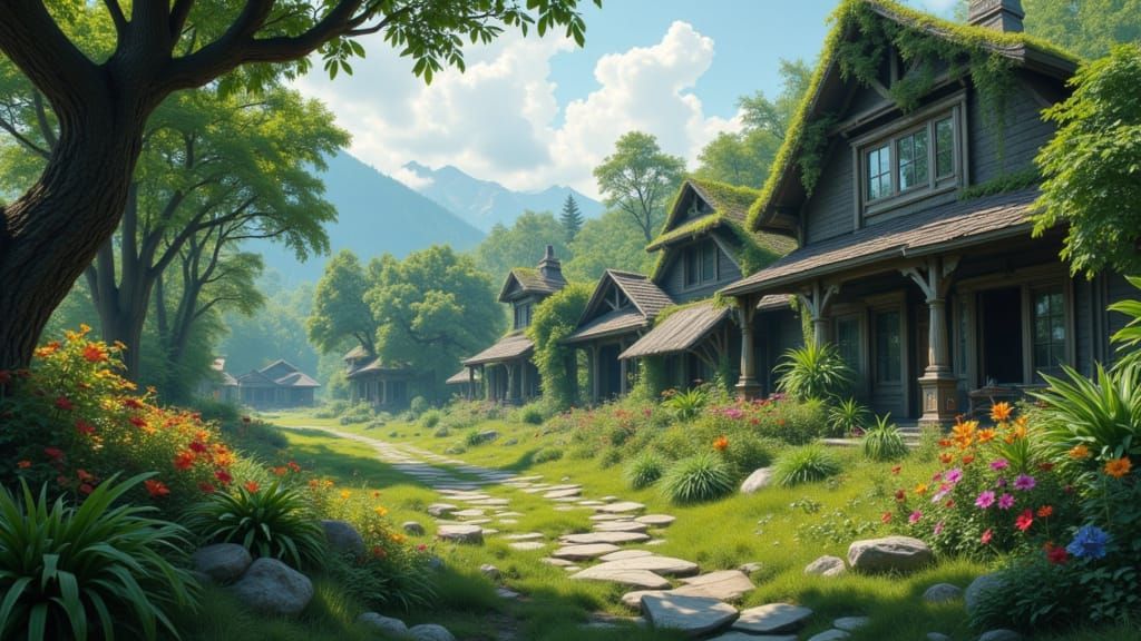 Post-Apocalyptic Village with Lush Greenery as Matte Paintin...