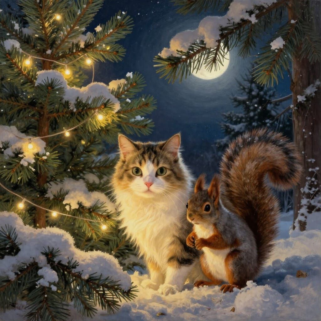Christmas Eve Cat and Squirrel Scene