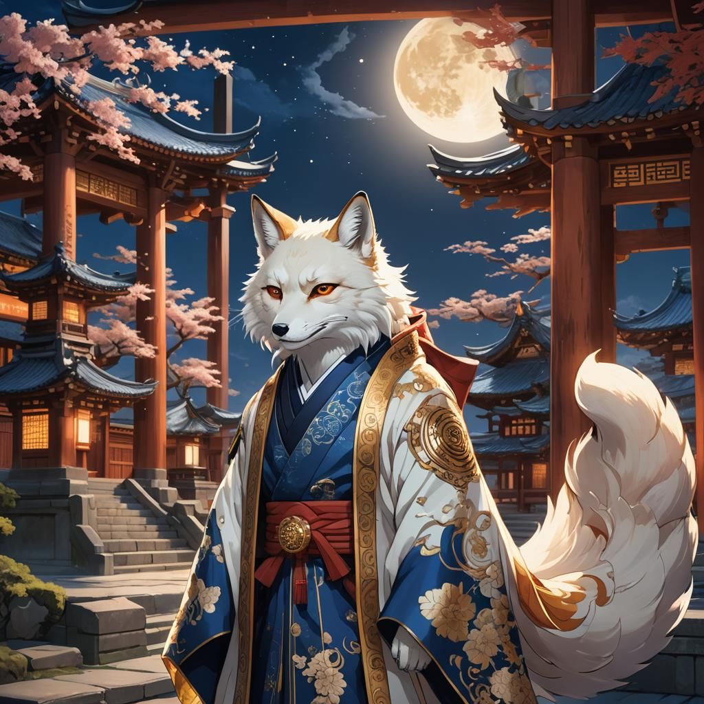 Kitsune Guardian in Anime Style Before Moonlit Temple