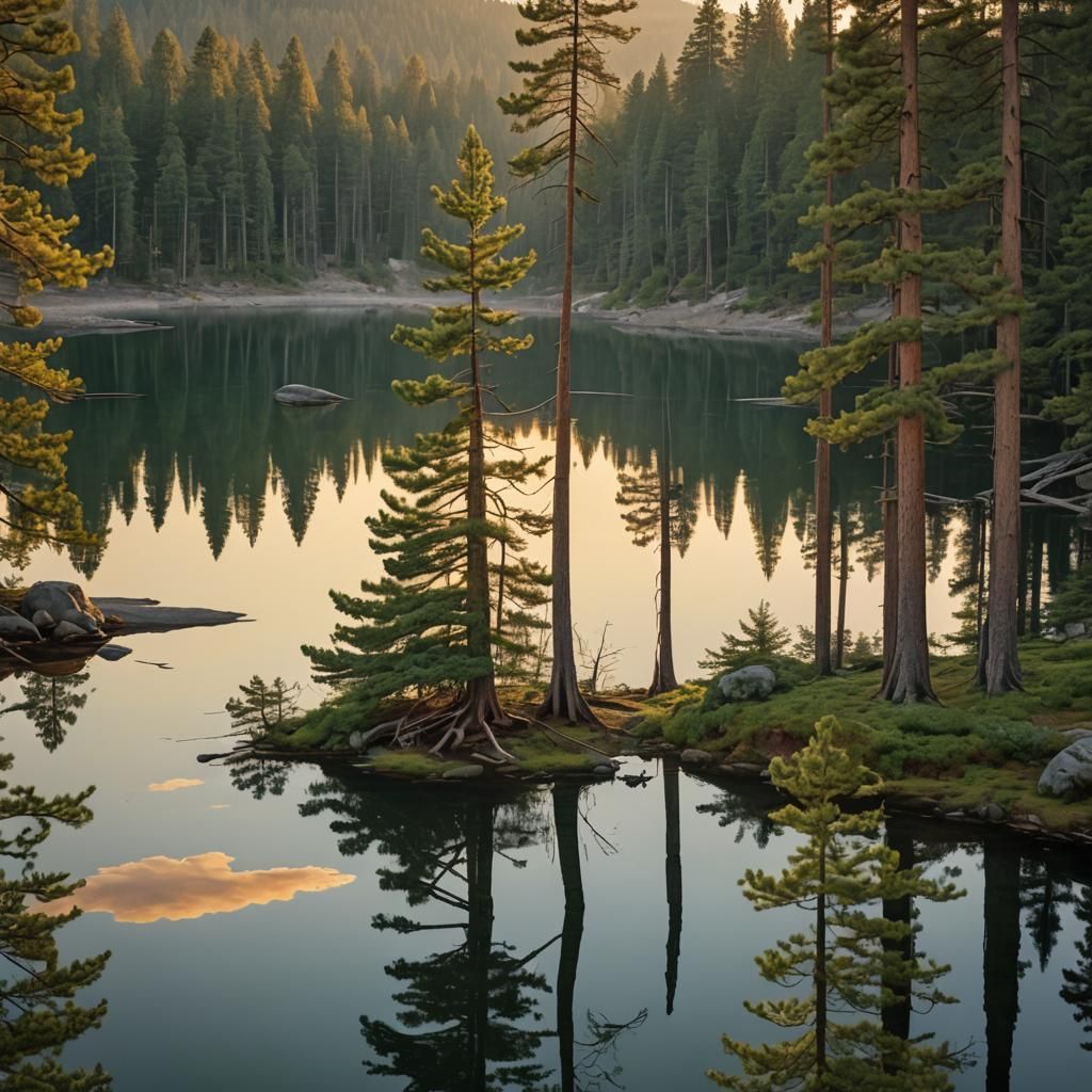 Pine Trees Reflecting Sunset Over Serene Lake