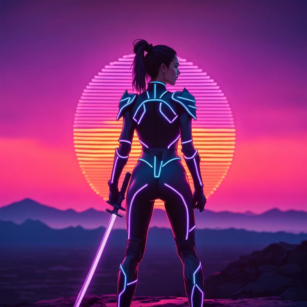 Tron Warrior with Katana and Neon Sunset