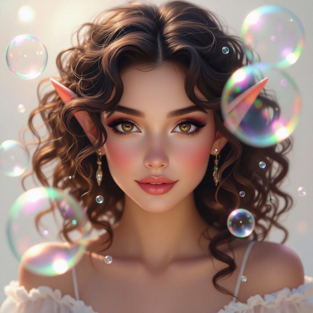 Ethereal Fairy Woman Amidst Shimmering Bubbles