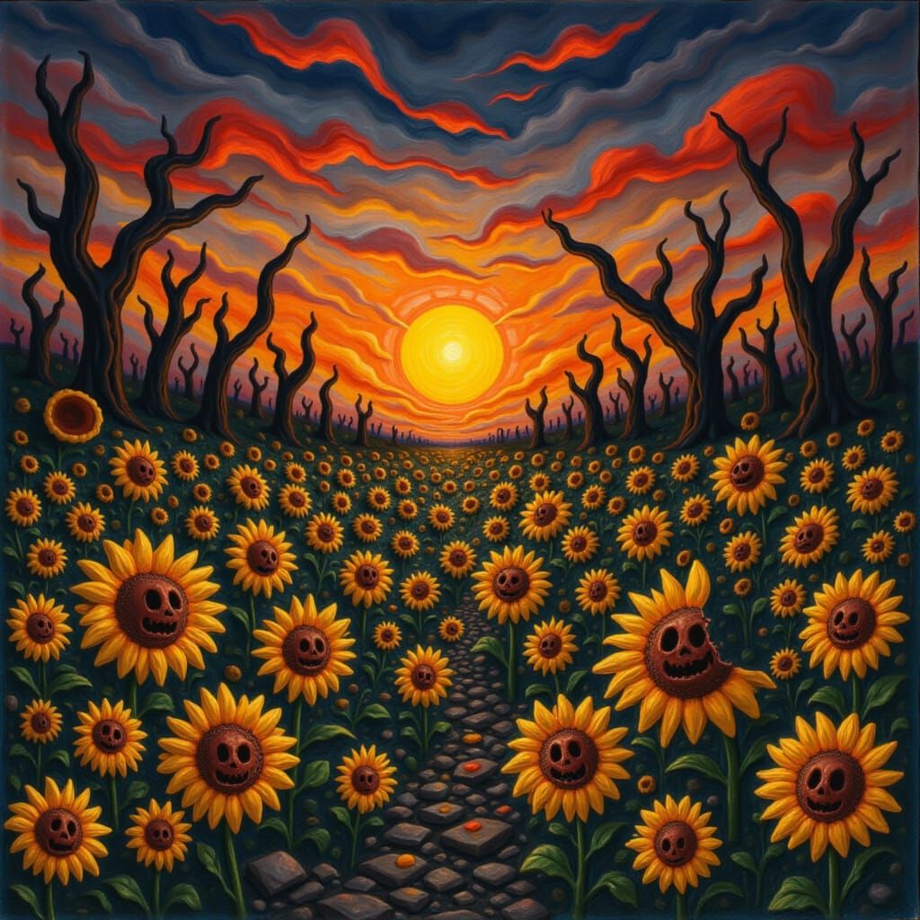 Angry Sunflowers Under a Broken Sunset Sky