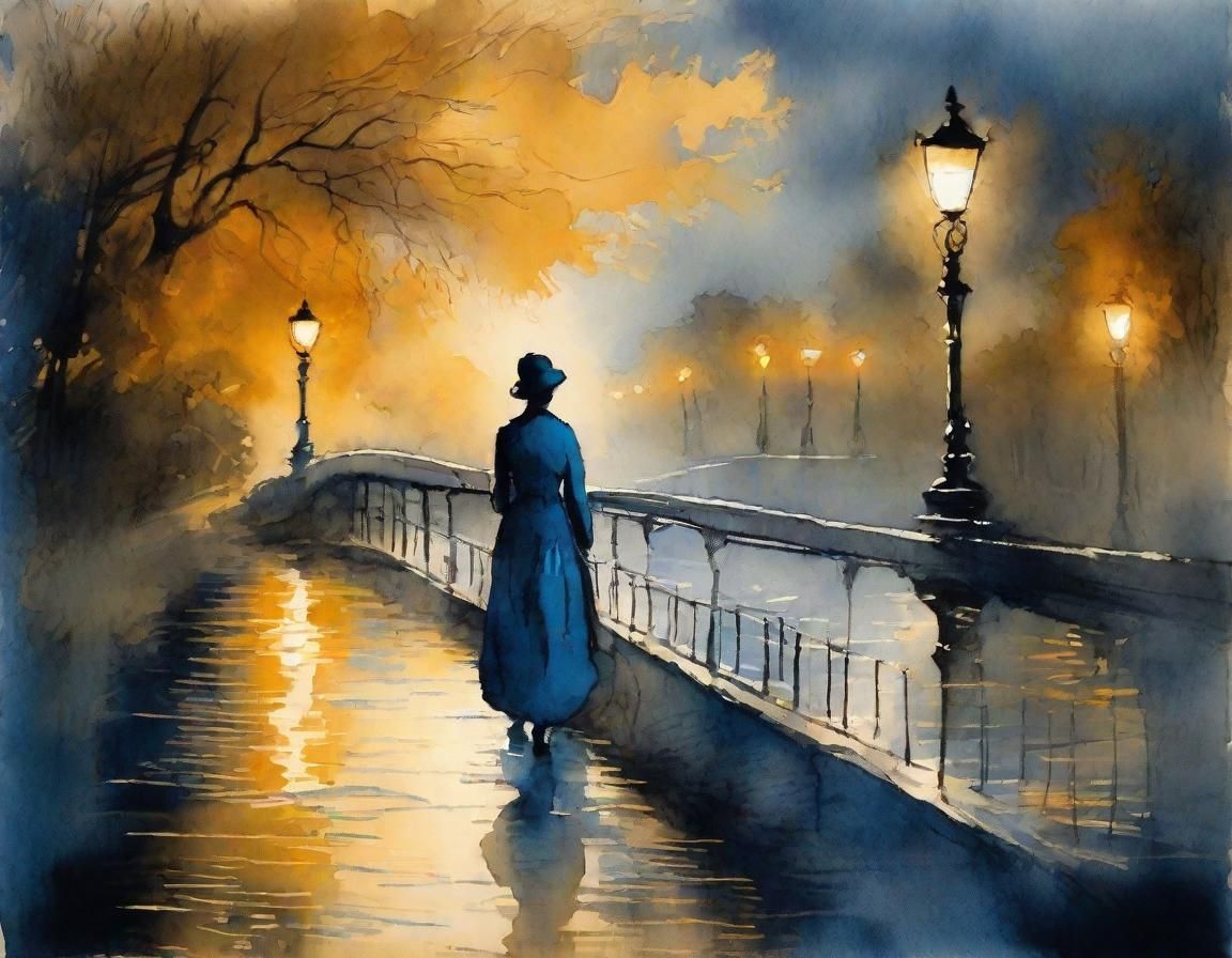 Figure on Bridge in Neo-Impressionist Style