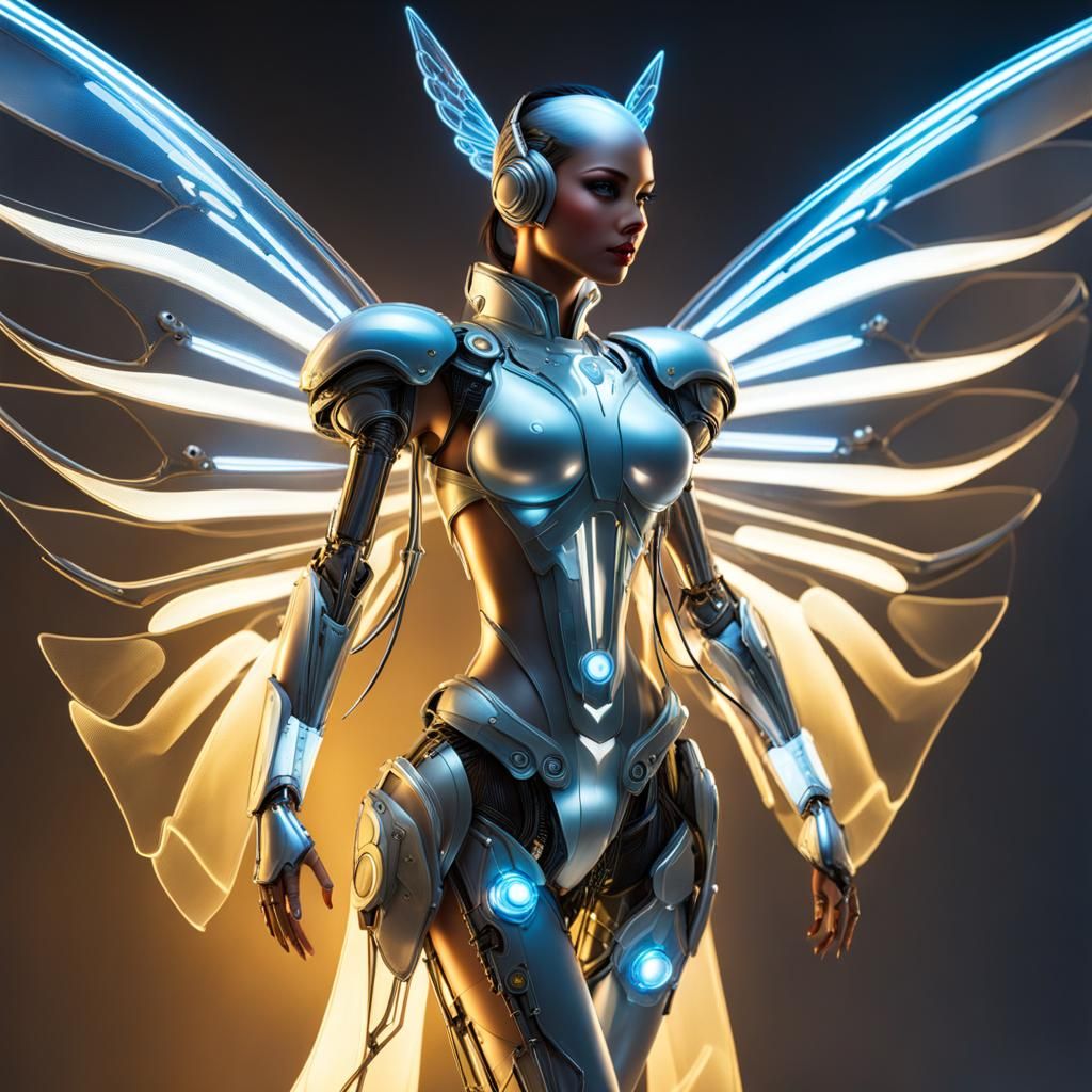 Cybernetic Fairy Unveils Futuristic Form with Translucent Wi...