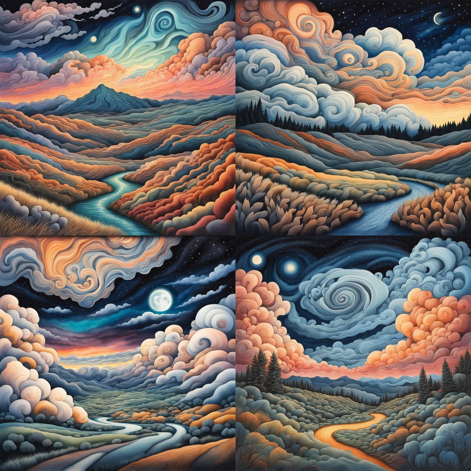 Surreal Night Landscape with Swirling Clouds
