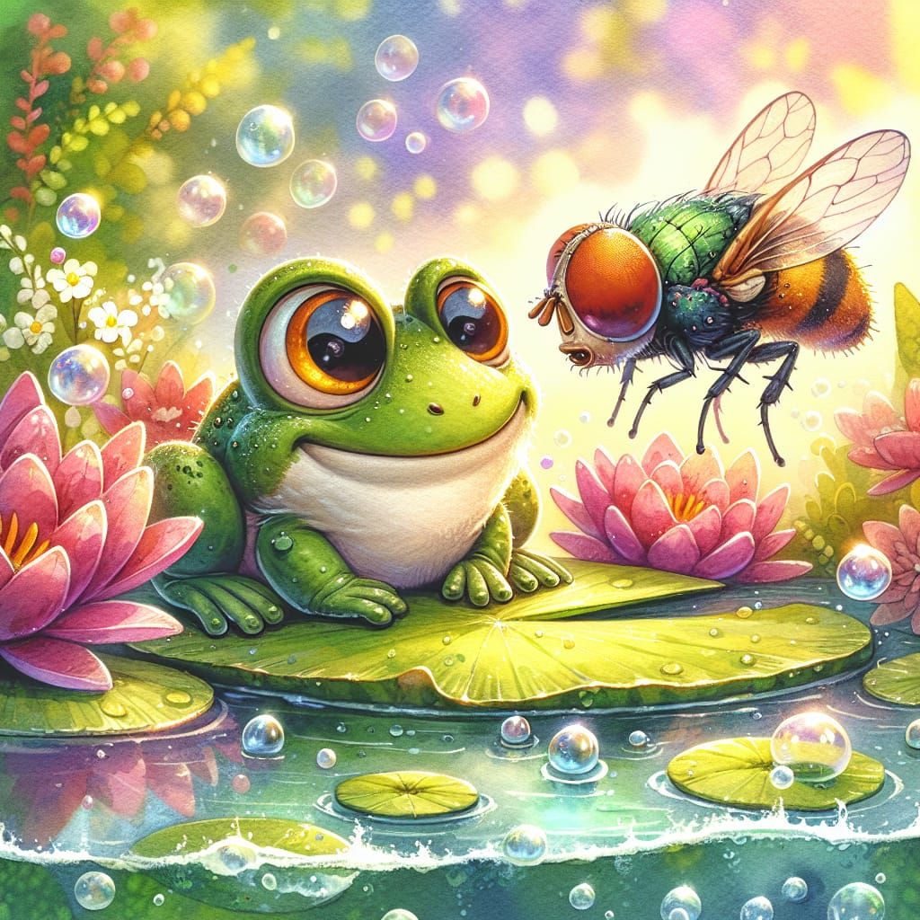 A cute baby frog surprised by huge fly