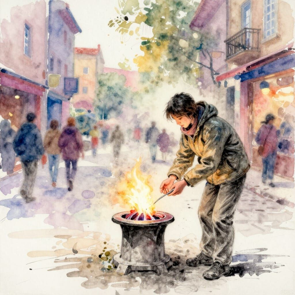 Traveler Warming Hands Over Street Brazier in Watercolor Sty...