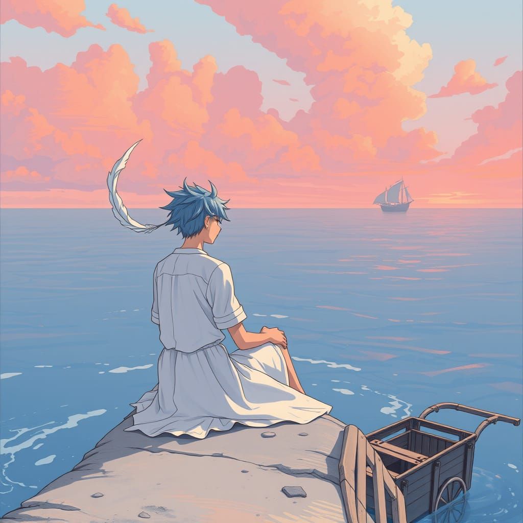 Androgynous Figure by Sea in Pastel Sunset