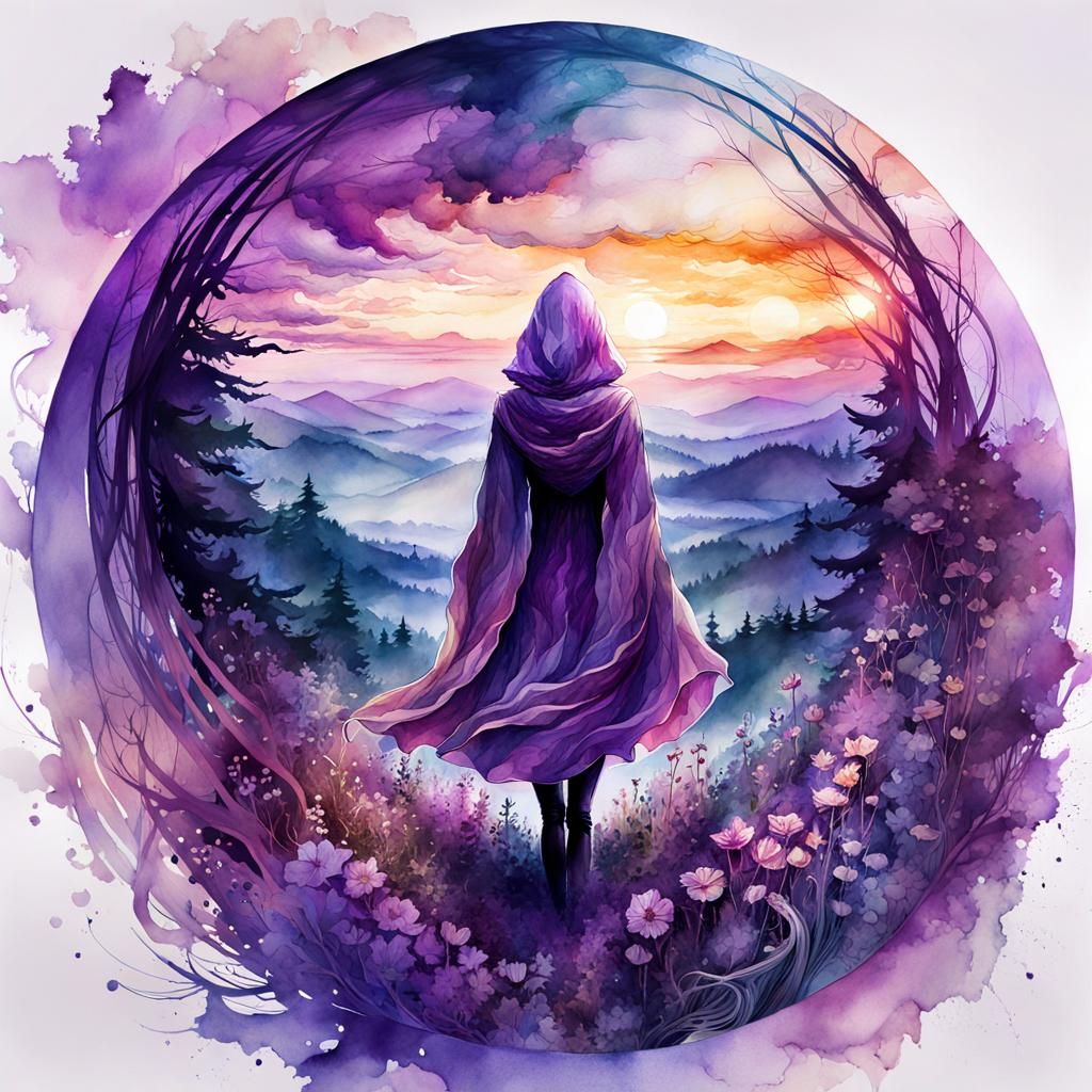 Purple Riding Hood Double Exposure Watercolor Sunset
