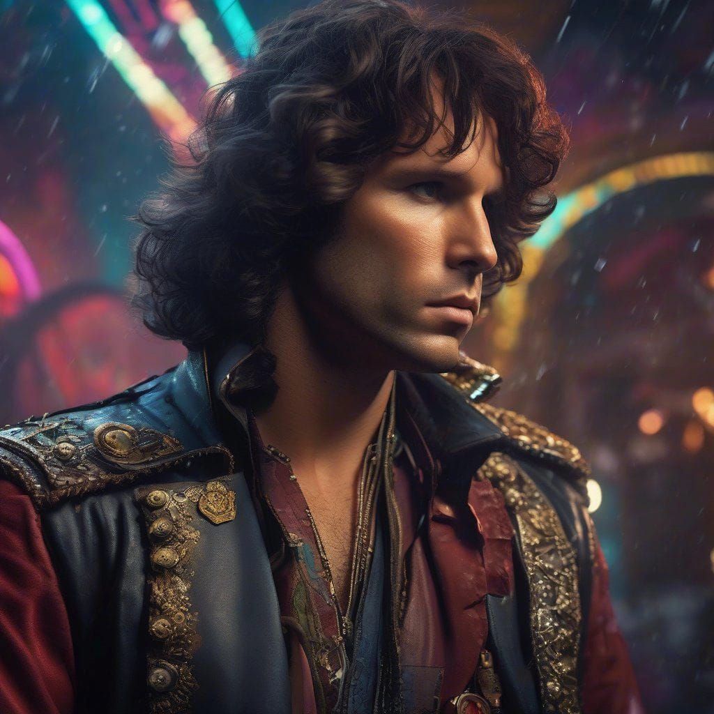 Jim Morrison as space pirate, WLOP, tom bagshaw, Photo Taken on Nikon D750, Scenic, Hyper-Realistic, Hyper-Detailed, 36k