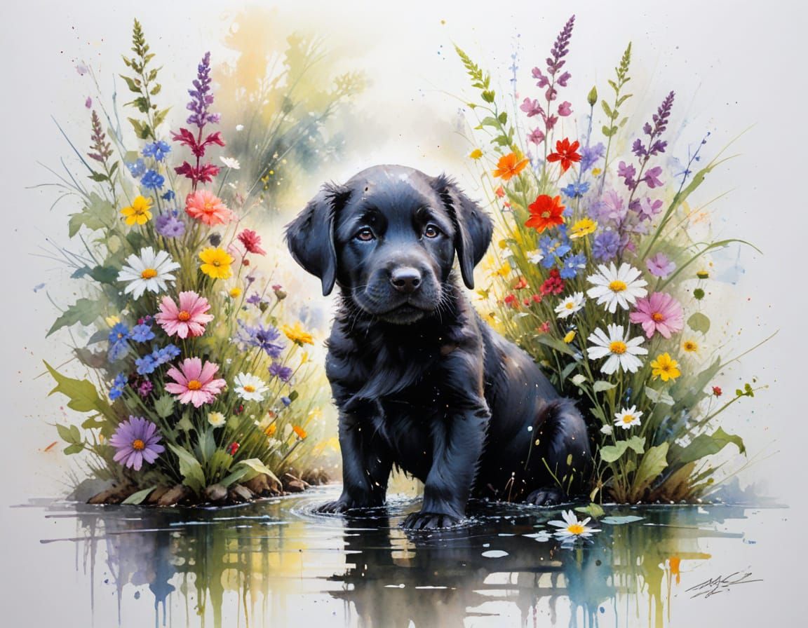 Playful Black Lab Puppy in Sunlit River Garden