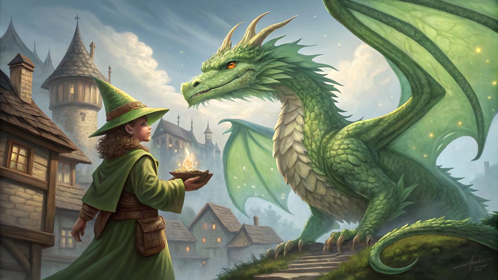 Halfling and Dragon Above Winter Stronghold