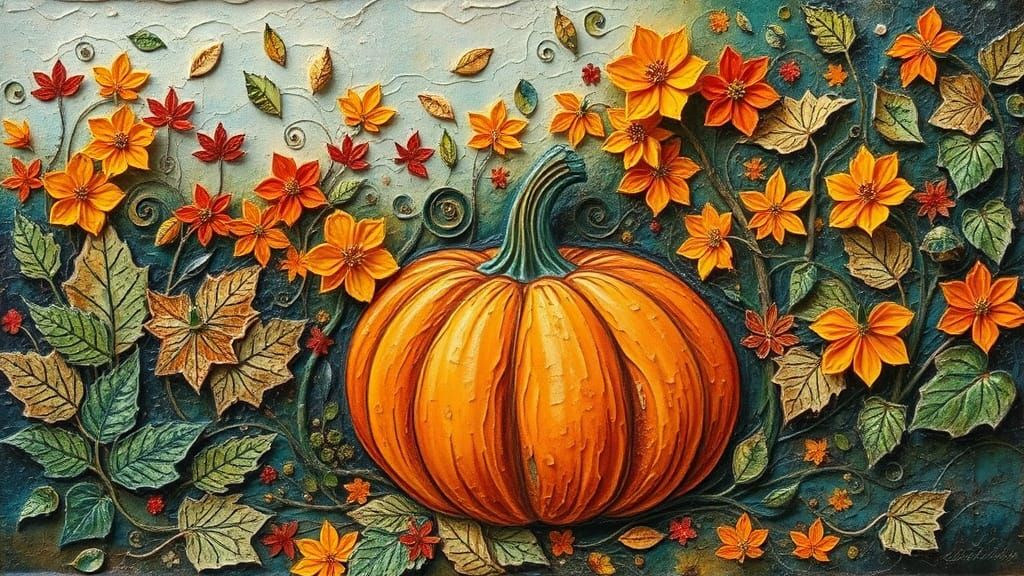 Autumn Garden Pumpkin in Mixed Media Expressionism