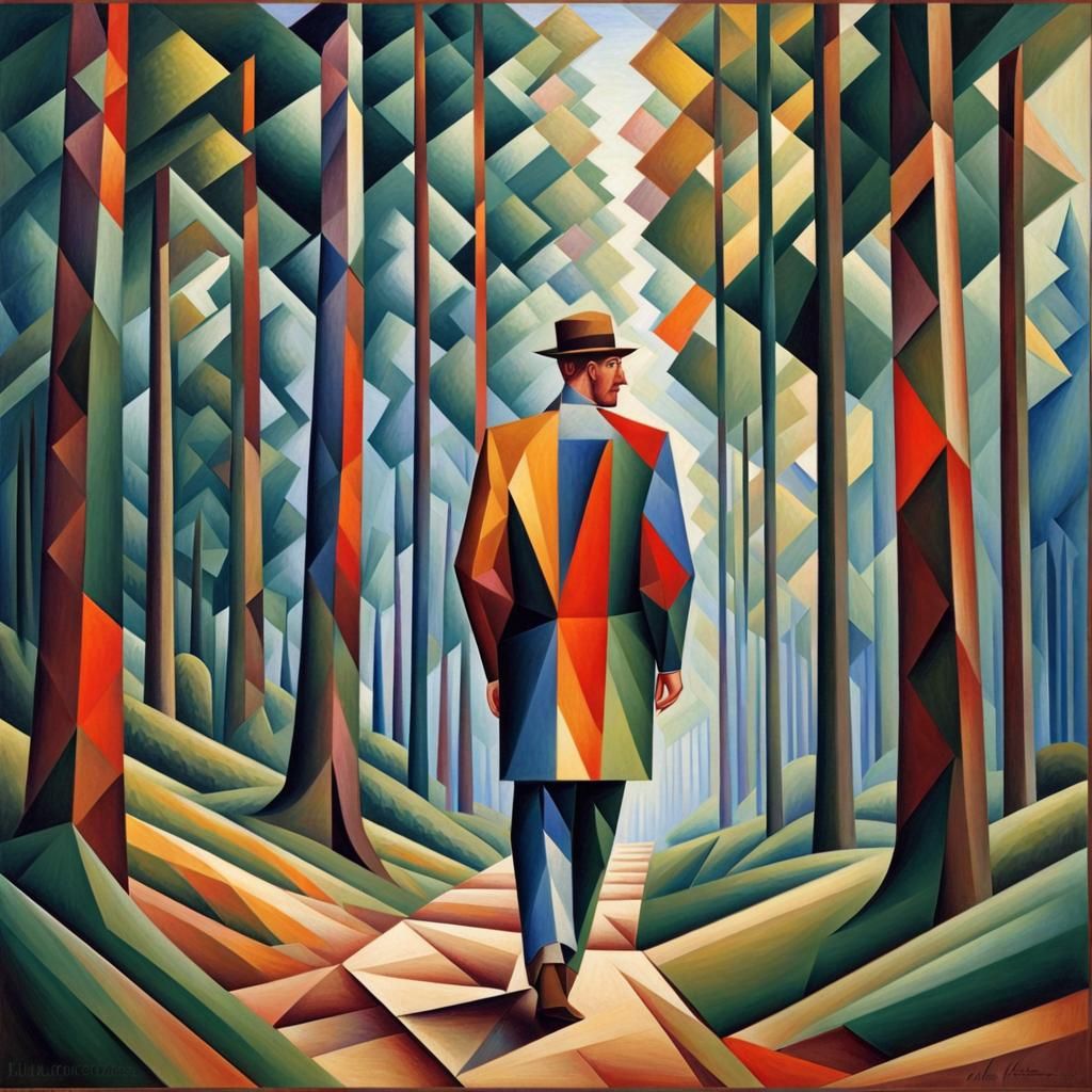 Man Walking Through a Cubist Forest Landscape
