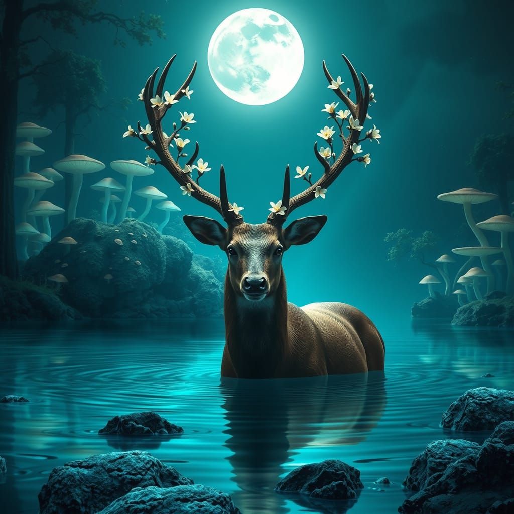 Stag in Bioluminescent Mushroom Forest, Art Nouveau