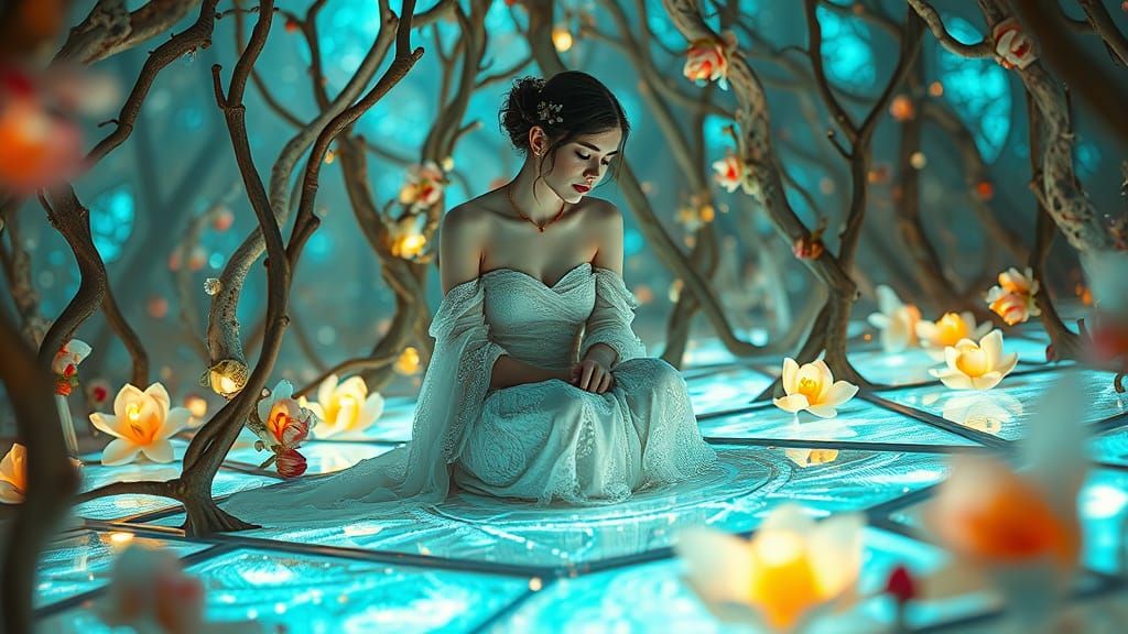 Dreamlike Figure in Cosmic Landscape with Mirrors and Vines