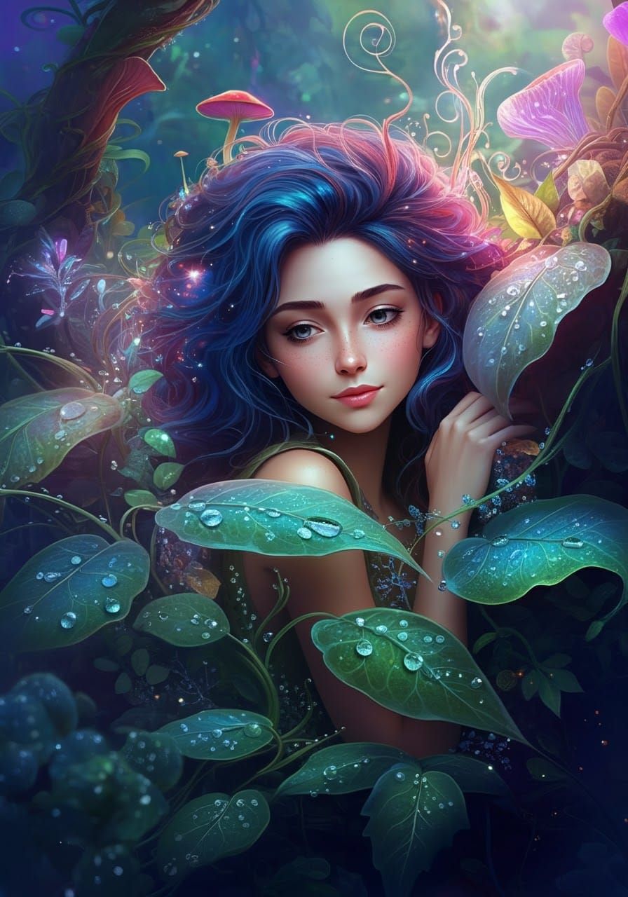 Ethereal Woman in Dew-Kissed Leaves: Hyperrealistic Splash A...