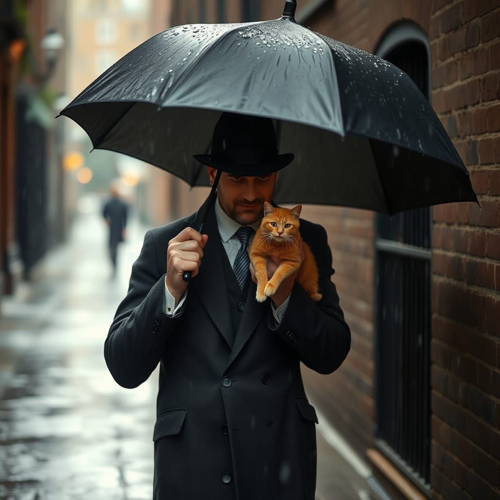 Man Shields Cat from Rain in Misty Alleyway