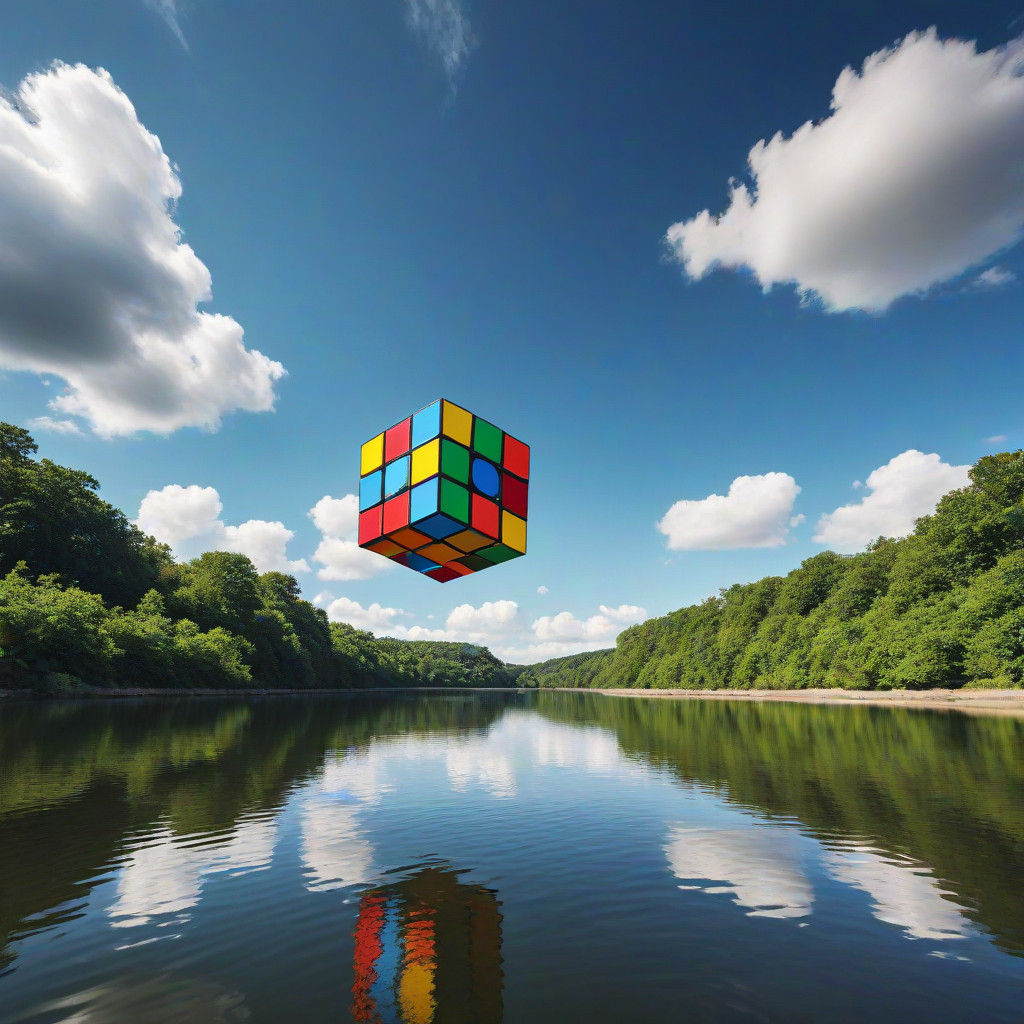 Rubik's Cube Sails Above Serene Riverscape